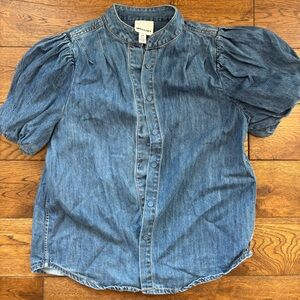 denim shirt with puff sleeves